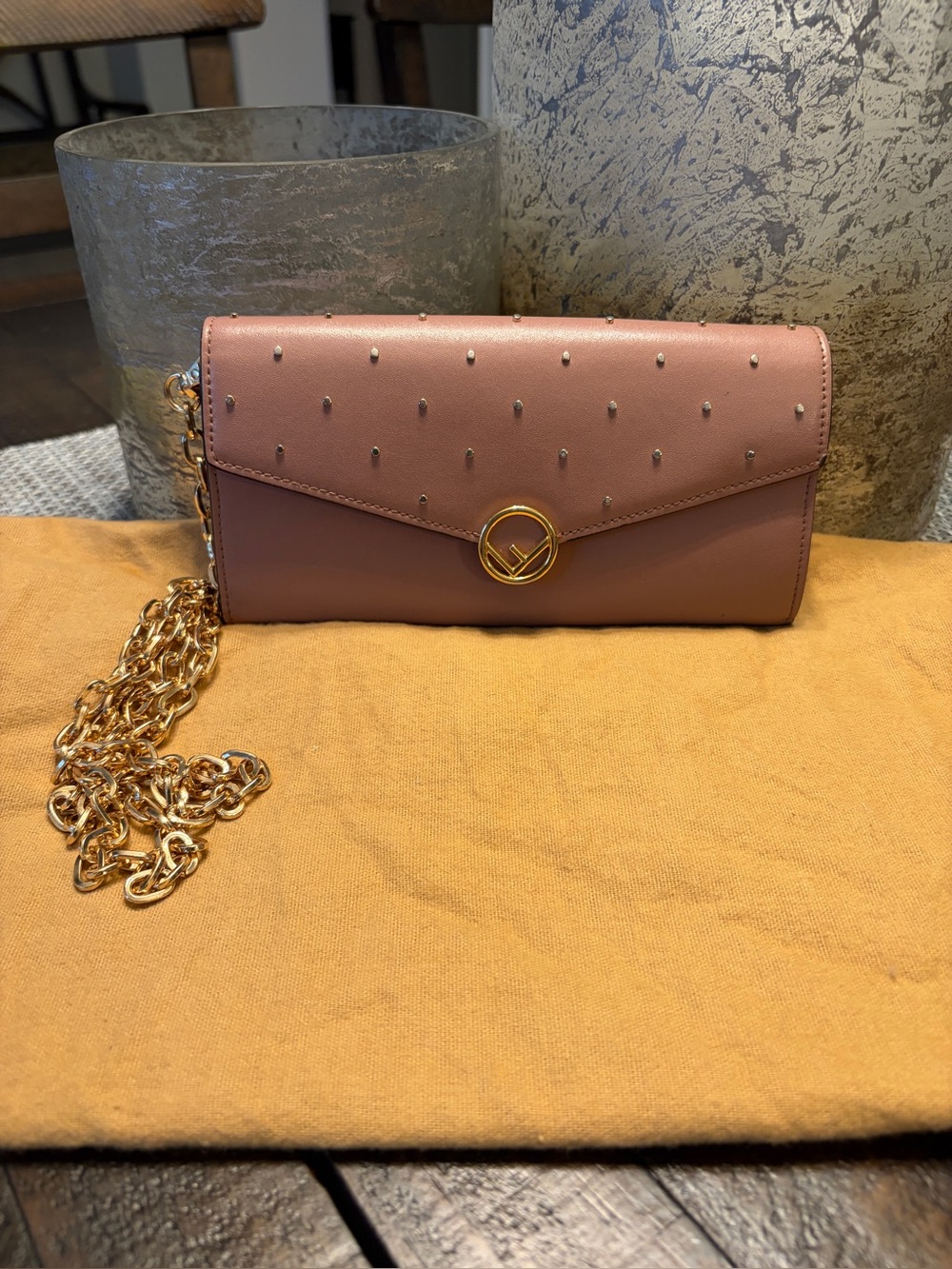Fendi studded leather continental wallet on chain